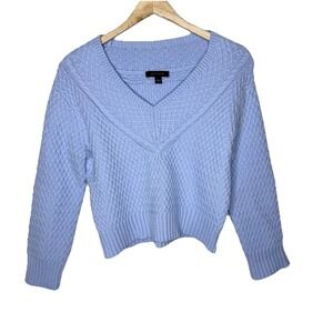 Ann Taylor Geo Stitch V-neck Blue Sweater Womens Small Cotton Blend Cable Knit